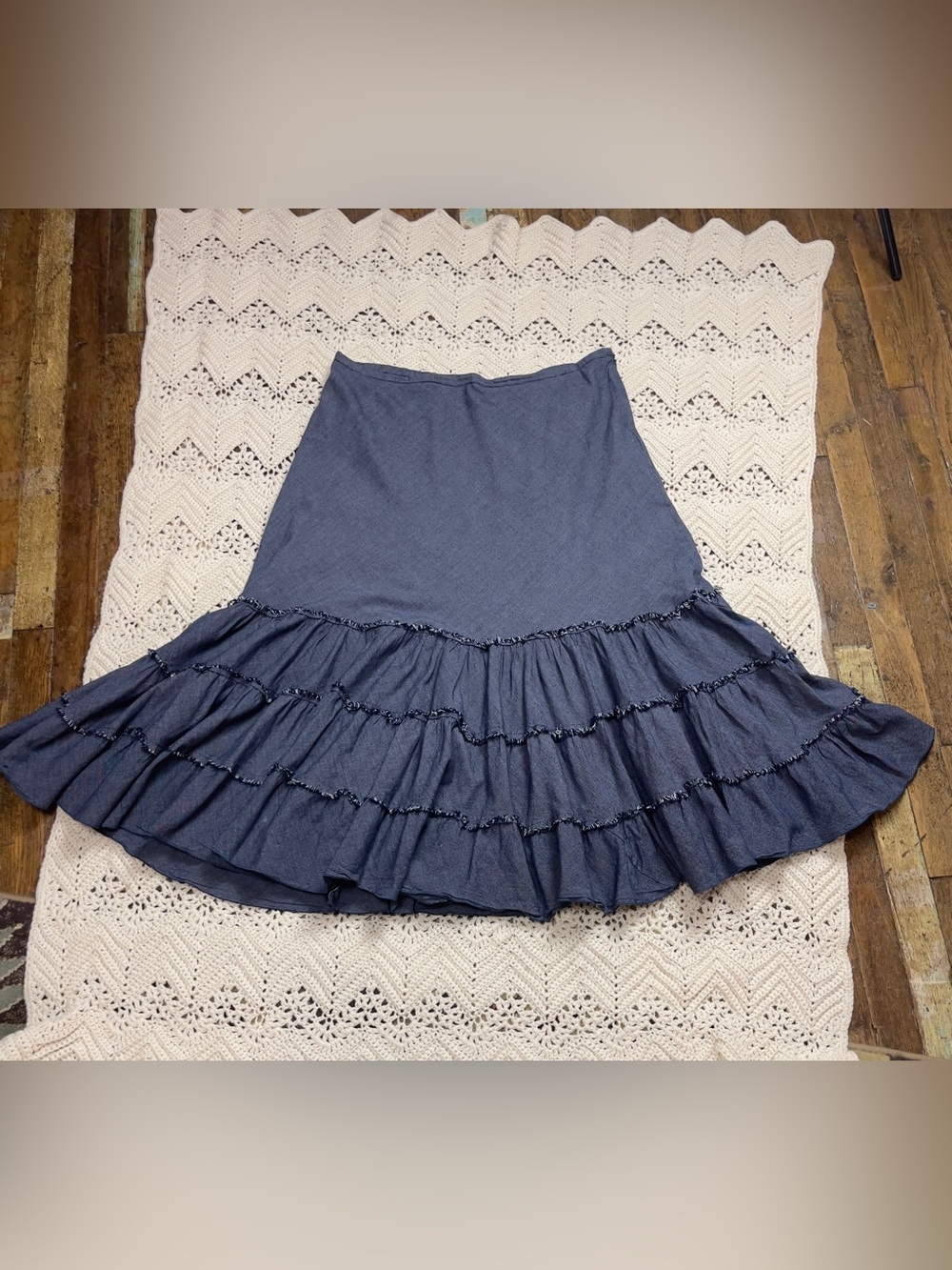 L April Cornell Long A-Line Tiered Ruffled Prairie Skirt Denim Blue